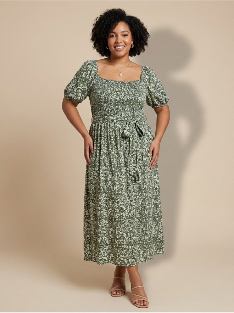 Indigo Rose Green Floral Smocked Midi Dress Size 2X Puff Sleeve Floral NWT